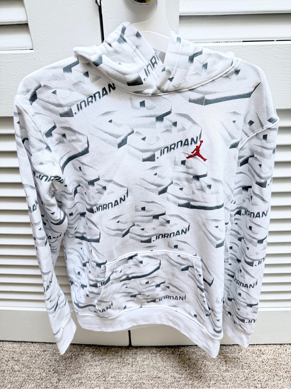 Jordan White & Gray All-Over Graphic Hoodie with Red Jumpman